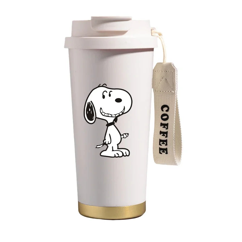 Garrafa térmica de aço inoxidável Snoopys 500ml, anime Kawaii, portátil, viagem, ar livre, carro, chá, café, caneca térmica fria