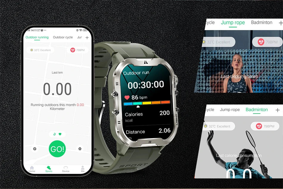 Novo relógio inteligente militar Xiaomi 2024 para homens, esportes ao ar livre, lanterna, fitness, monitor de saúde, 1,96" BT Call Smartwatch