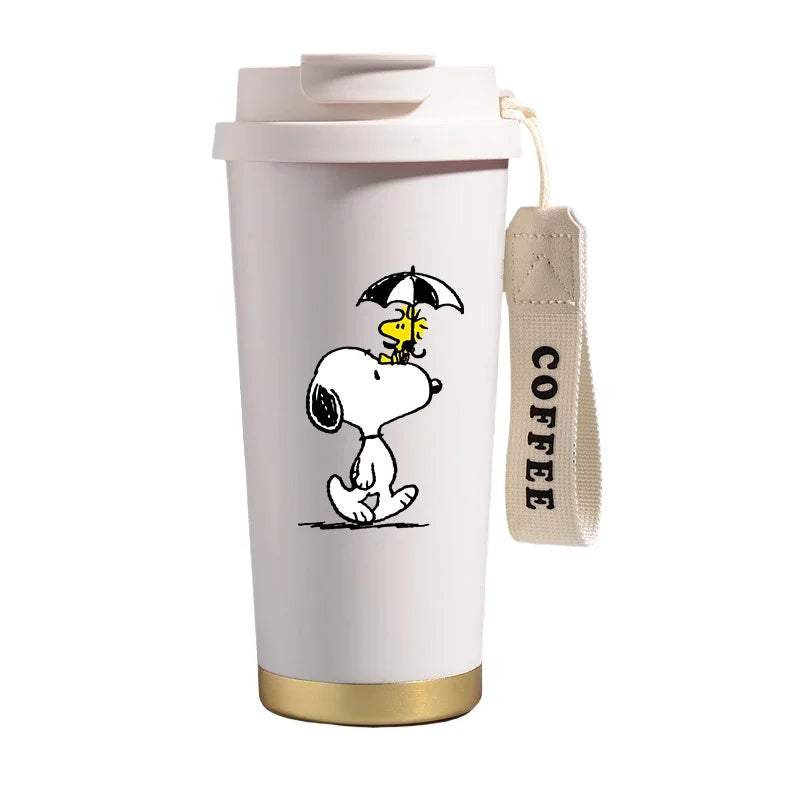 Garrafa térmica de aço inoxidável Snoopys 500ml, anime Kawaii, portátil, viagem, ar livre, carro, chá, café, caneca térmica fria