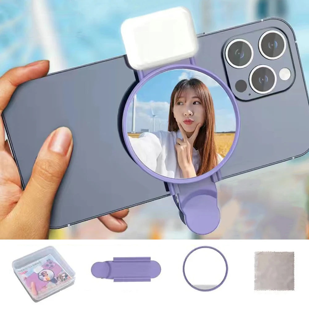 Espelho de anel universal para câmera de celular com luz traseira, refletor para selfies, luz de maquiagem com clipe e bolsa de armazenamento, reflexão HD