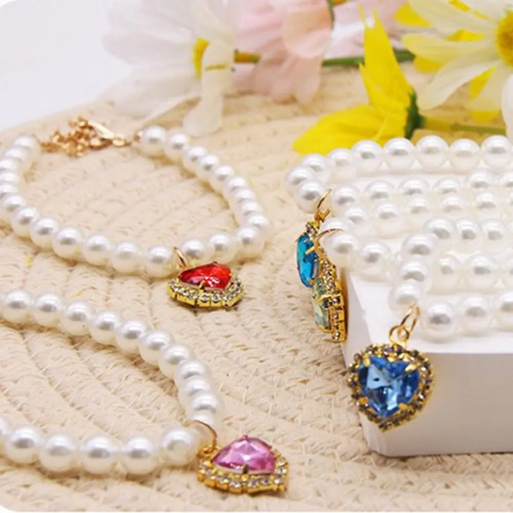 Pet Pearl Adjustable Collar Cat Jewelry Pendant Princess Gem Necklace Dog Sweet Decorations Puppy Rhinestone Collar Accesorios