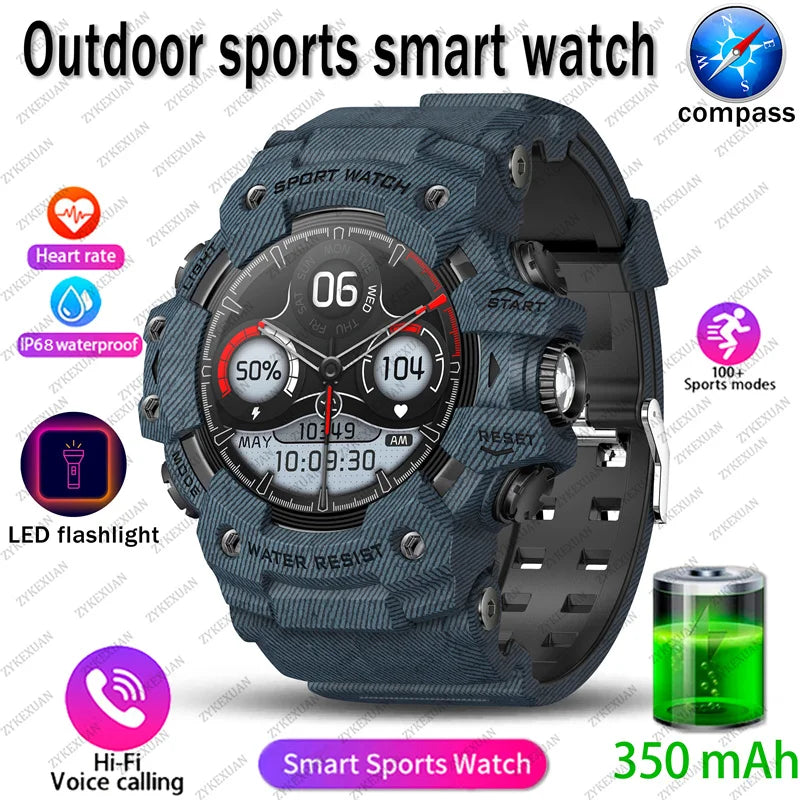 Relógio inteligente esportivo robusto 2025 com Bluetooth, chamadas, relógio inteligente militar à prova d'água e colorido com lanterna SOS COMPASS para telefone