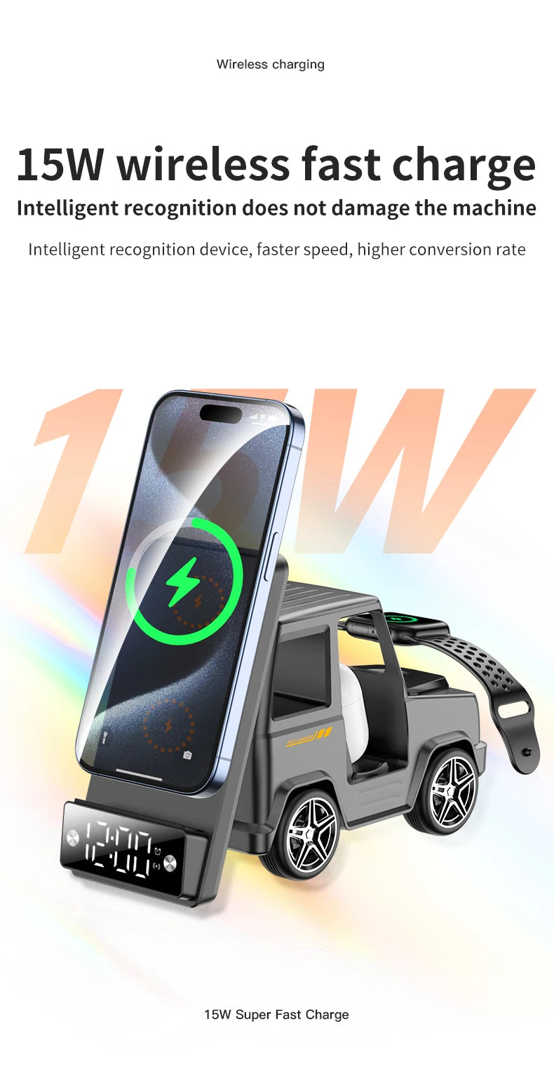 Suporte para carregador sem fio 6 em 1 para carro, formato inovador de carro, carregador de mesa de carregamento rápido de 15 W, ótima ideia para presente