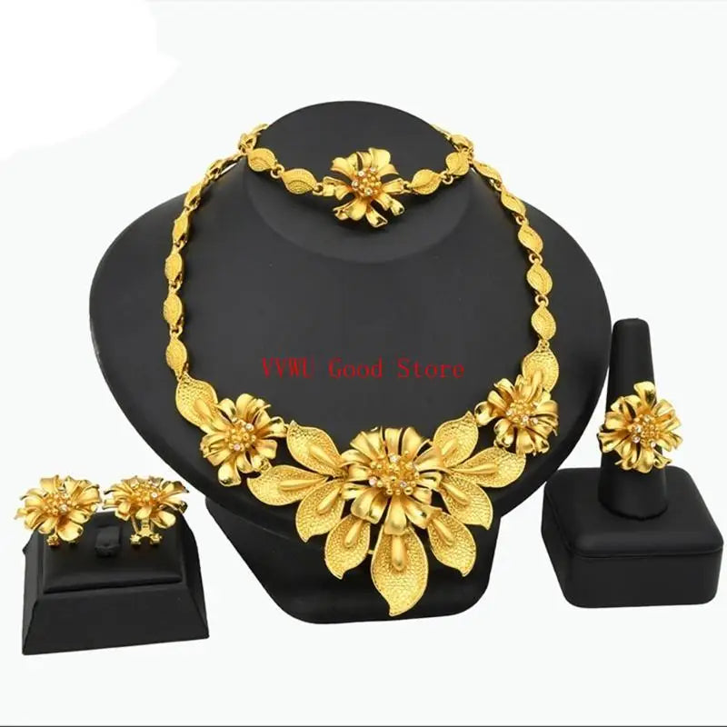 Conjunto de joias florais com strass dourados resistentes, acessório de moda portátil para noivas e festas noturnas