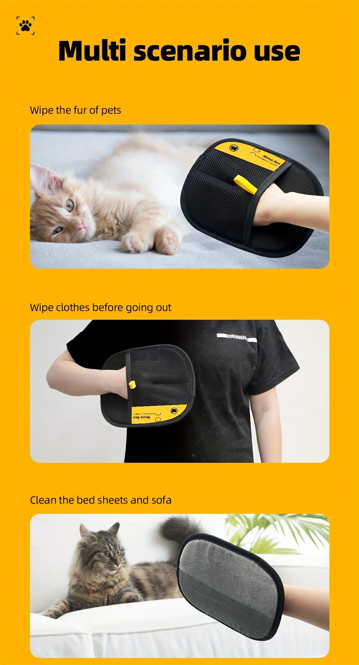 Luvas grandes para remoção de pelos estáticos de animais de estimação - Luvas pretas de polipropileno para tosa de gatos com detalhes em amarelo