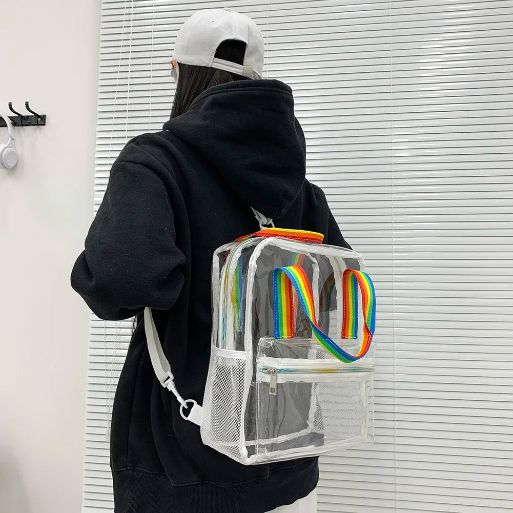 Mochila transparente de PVC para esportes ao ar livre, fitness, casual, viagem, visível, grande capacidade, à prova d'água, alça superior, mochila escolar