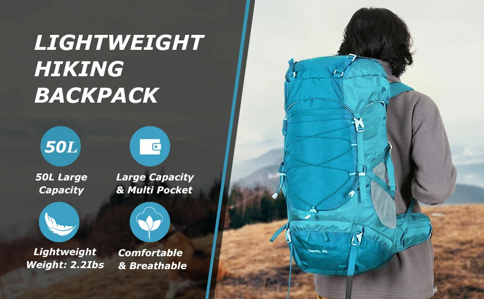 Mochila de caminhada WESTTUNE 50L com capa de chuva, bolsa multifuncional para montanhismo, mochila para atividades ao ar livre, para viagens, trekking e acampamento