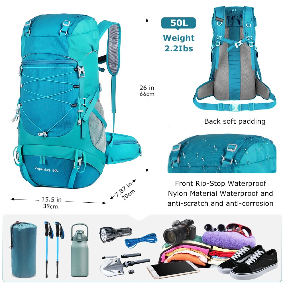 Mochila de caminhada WESTTUNE 50L com capa de chuva, bolsa multifuncional para montanhismo, mochila para atividades ao ar livre, para viagens, trekking e acampamento