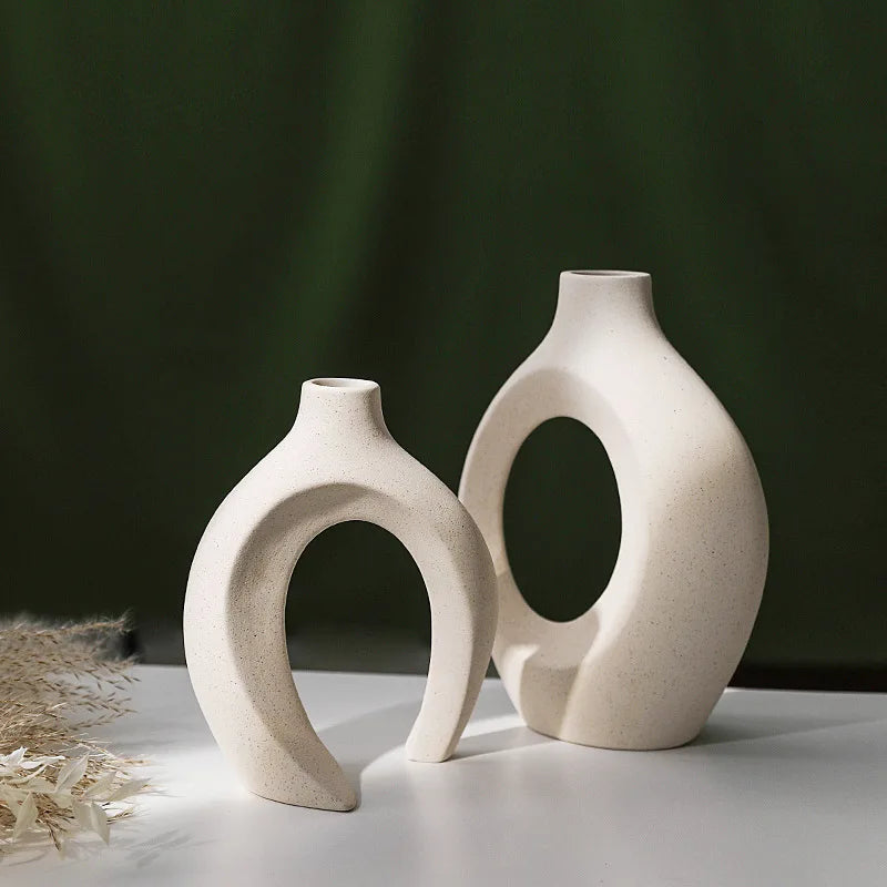 Vaso de cerâmica vazado, 2 para decoração moderna de casa, vaso estilo donut boho, vaso decorativo minimalista preto e branco