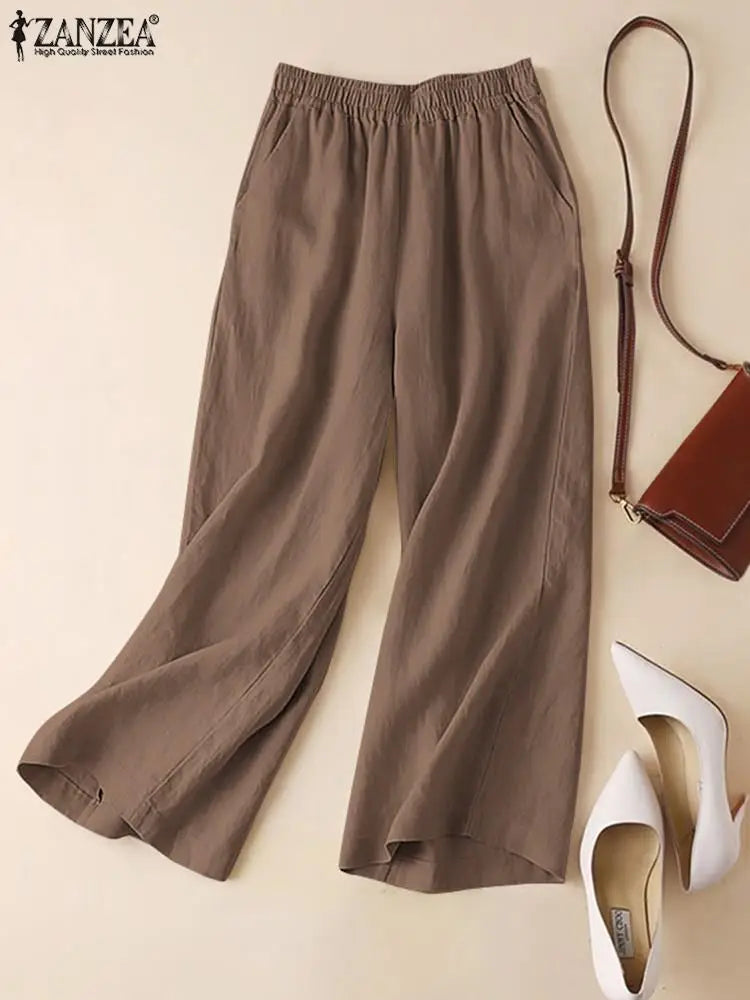 Calças femininas ZANZEA de verão com pernas largas, de algodão, para primavera, soltas, com cintura elástica, estilo palazzo, da moda 2023, lisas, casuais, compridas