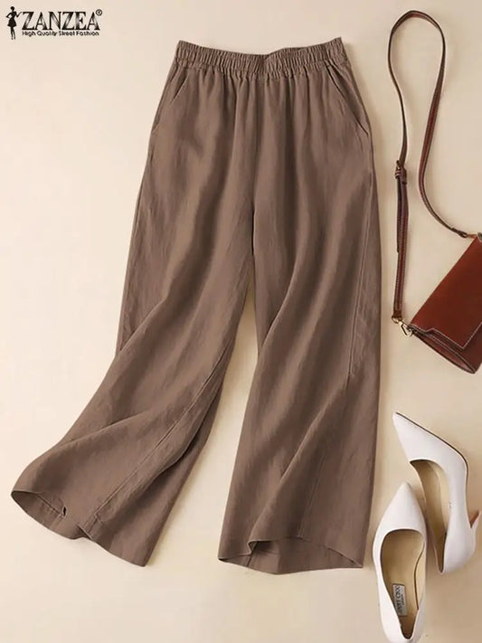 Calças femininas ZANZEA de verão com pernas largas, de algodão, para primavera, soltas, com cintura elástica, estilo palazzo, da moda 2023, lisas, casuais, compridas