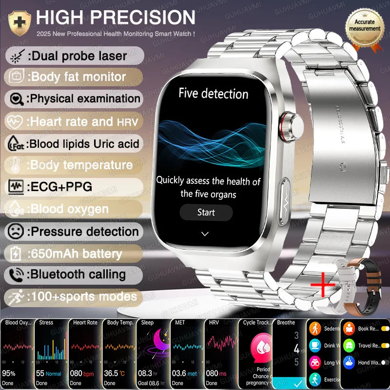 Novo relógio inteligente para Android e iOS, monitor de saúde, masculino e feminino, com precisão de ECG e PPG para ácido úrico e pressão arterial, análise de órgãos e corpo, 2025