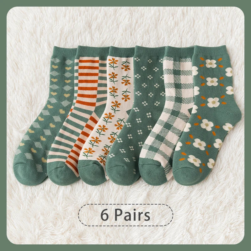6 pares de meias femininas de outono e inverno com estampa de desenho animado, flor fofa, xadrez, listradas, estilo universitário, grossas e quentes, com laço