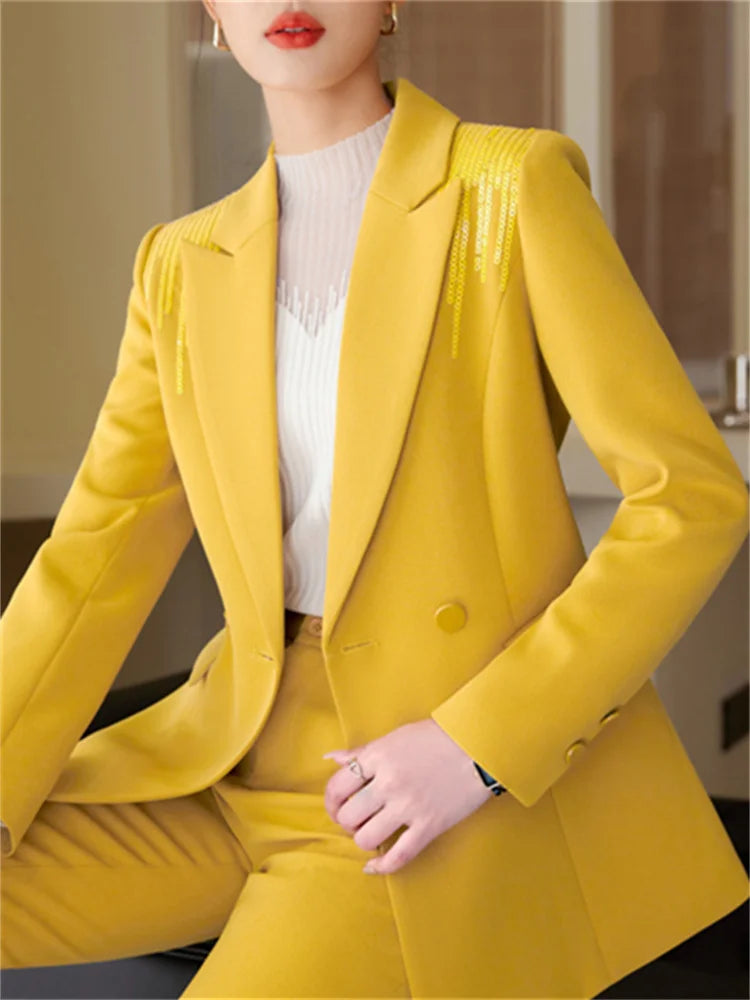 Yitimuceng Conjunto de 2 peças feminino para escritório, nova moda 2025, blazers de manga comprida com lantejoulas, calças flare de cintura alta chiques