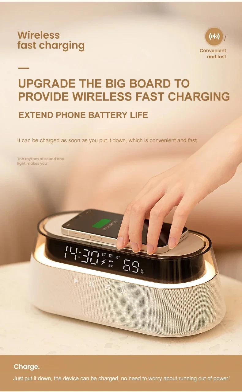 Despertador inteligente 6 em 1 - Carregador sem fio de 15 W, alto-falante Bluetooth, rádio FM, alarme duplo, carregador USB e luz noturna RGB