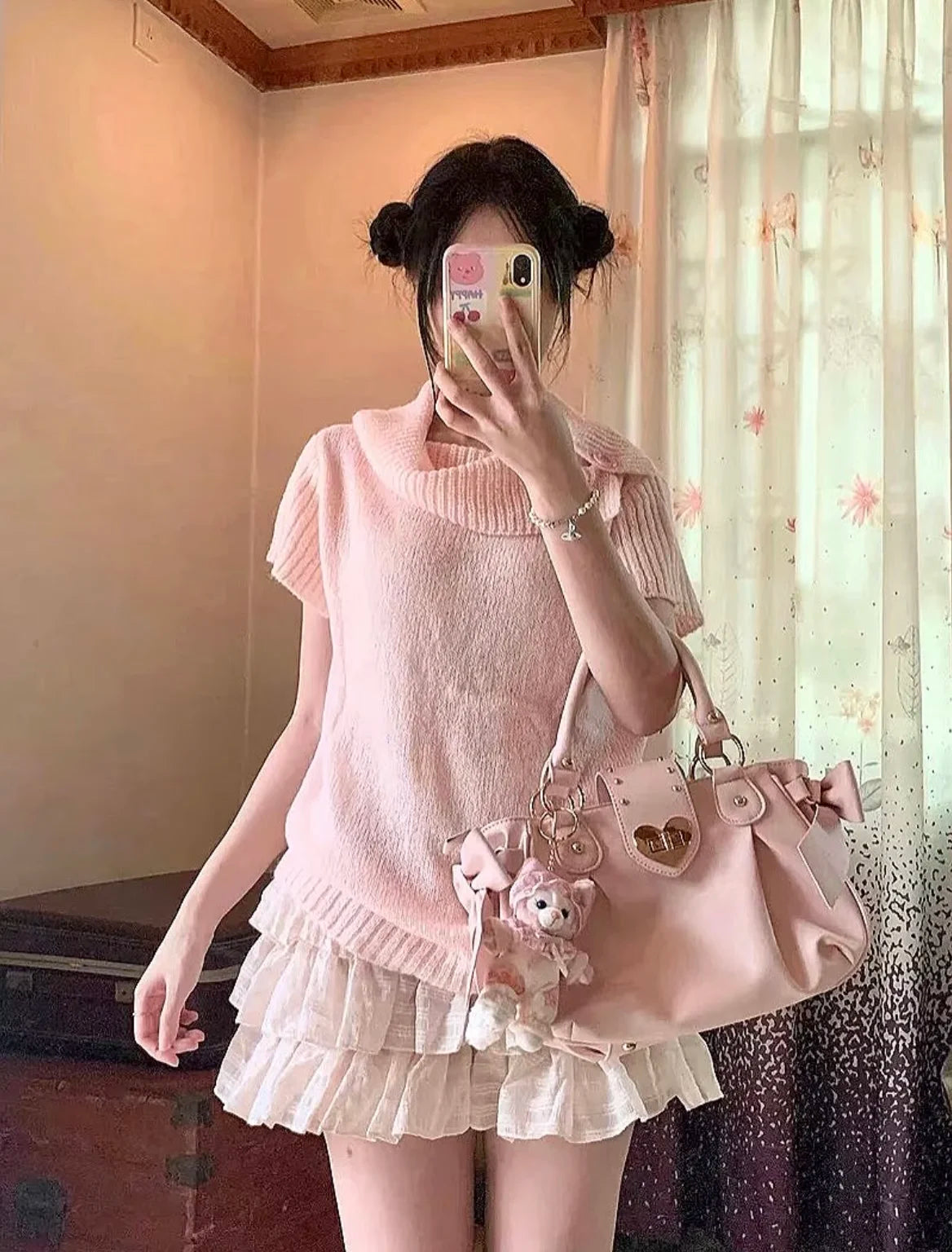 Bolsa de mão rosa com laço doce Lolita, bolsa feminina Harajuku Love Heart, bolsa transversal macia, bolsa de ombro feminina Kawaii de grande capacidade