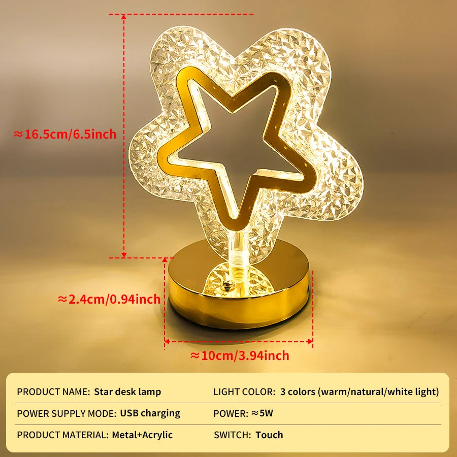 Luminária de mesa com estrela e lua, LED, iluminação decorativa, luz noturna, recarregável por USB, luz de cabeceira, luz noturna com lua e estrela