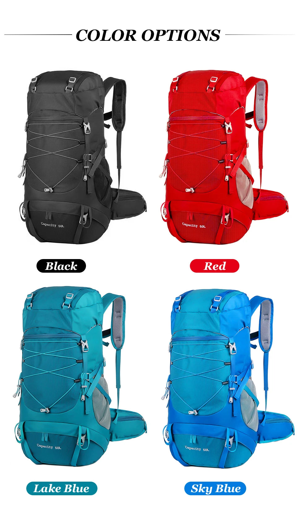 Mochila de caminhada WESTTUNE 50L com capa de chuva, bolsa multifuncional para montanhismo, mochila para atividades ao ar livre, para viagens, trekking e acampamento