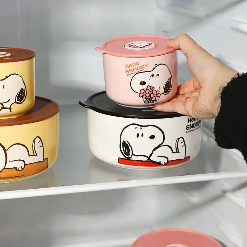 Tigela de segurança periférica de desenho animado do Snoopy, caixa de cerâmica selada com tampa, pode ser levada ao micro-ondas e portátil para trabalhadores de escritório