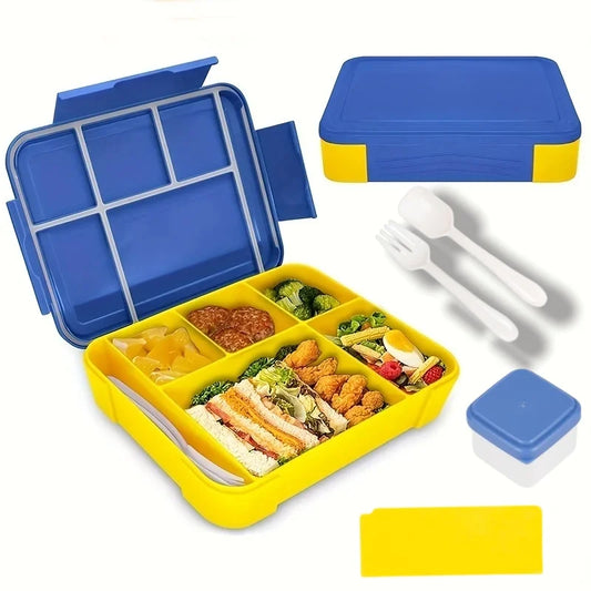 Lancheira Bento para adultos de 1330 ml, recipientes para alimentos com 6 compartimentos e utensílios de mesa para lanches, trabalho, escola, forno de micro-ondas, aquecimento