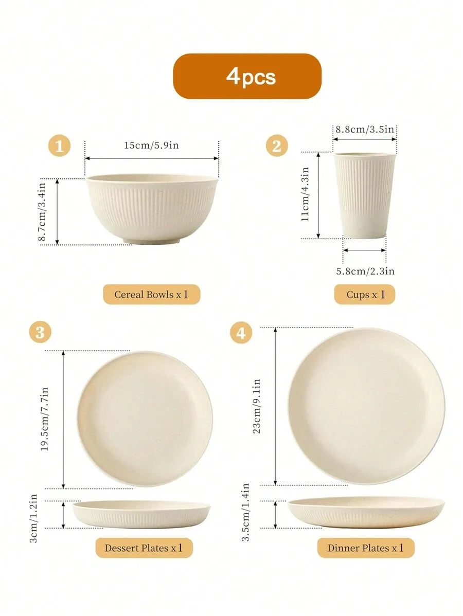 Conjunto de louça de plástico com 4/16/24 peças, copo reutilizável, prato e tigela, adequado para trailer, acampamento, piquenique, dormitório, bege