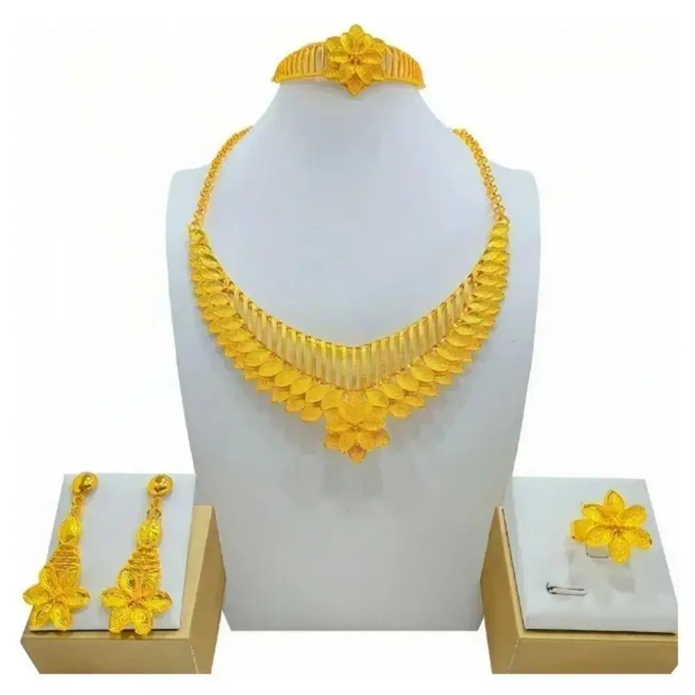 Conjunto de 4 joias indianas banhadas a ouro para noivas, colar/brincos/pulseira/anel, joias luxuosas banhadas a ouro de alta qualidade e duráveis