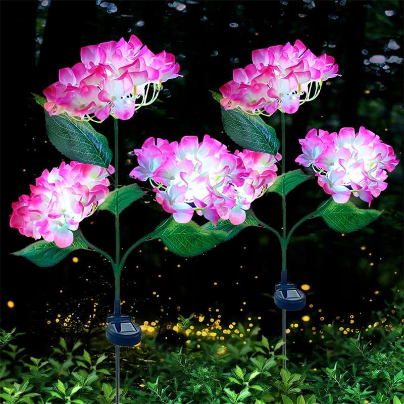 Luzes solares para jardim externo, luz solar à prova d'água, com flores de hortênsia, luzes LED para paisagens com energia solar