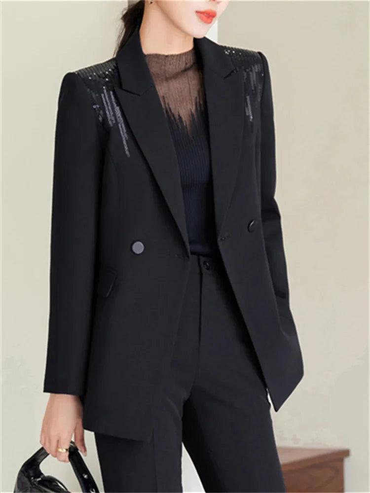 Yitimuceng Conjunto de 2 peças feminino para escritório, nova moda 2025, blazers de manga comprida com lantejoulas, calças flare de cintura alta chiques
