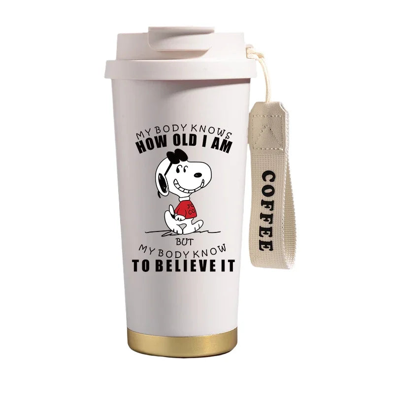 Garrafa térmica de aço inoxidável Snoopys 500ml, anime Kawaii, portátil, viagem, ar livre, carro, chá, café, caneca térmica fria