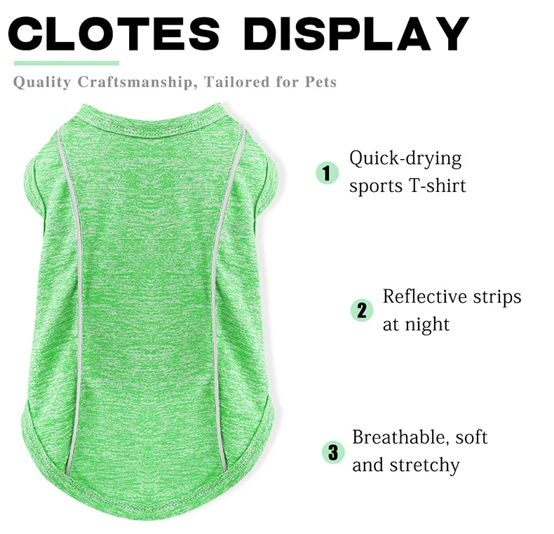 Camisetas de proteção solar para cães com faixas refletivas, secagem rápida, tecido macio e elástico, disponíveis em tamanhos para cães de pequeno a grande porte!