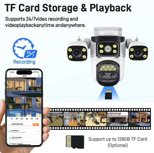 Câmera externa 10K com zoom óptico de 10X WiFi6, tela de 20MP rThree, quatro lentes PTZ, rastreamento automático, lente dupla 6K, à prova d'água, CFTV de segurança