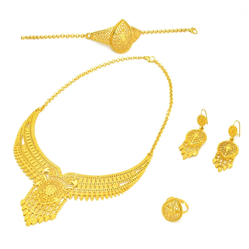 Conjunto de 4 peças banhadas a ouro para noivas, colar, brincos, anel, pulseiras, joias indianas femininas