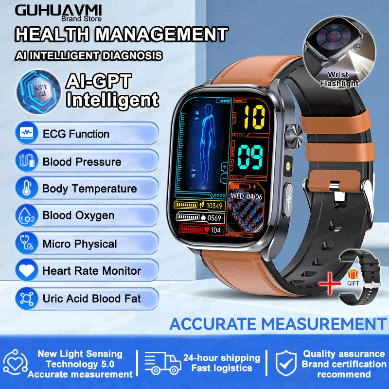 Novo relógio inteligente masculino 2025, pressão arterial, saúde, oxigênio no sangue, ácido úrico, lipídios, rastreador de fitness, relógios Bluetooth, chamada, ECG, smartwatch