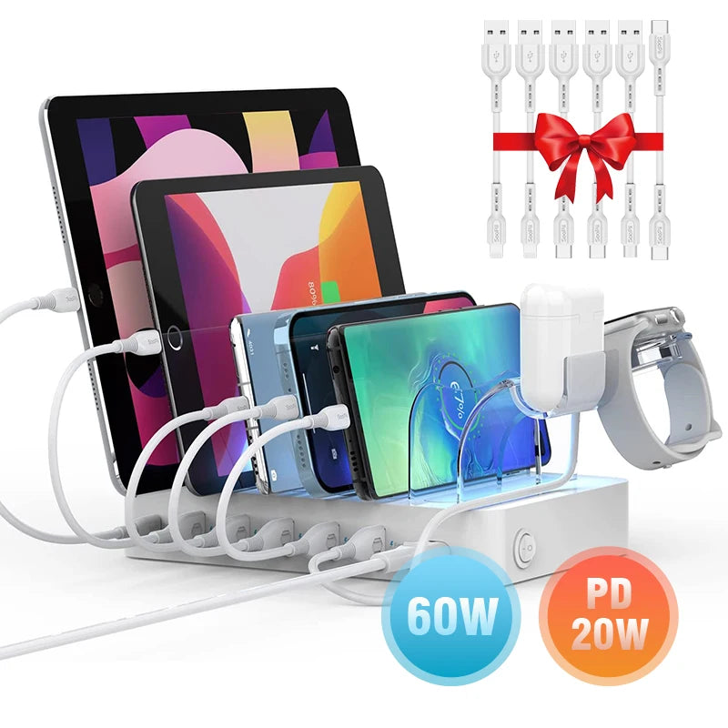 Estação de carregamento USB SooPii 50W/10A com 6 portas para casa e escritório. 6 cabos incluídos para telefones, tablets e outros eletrônicos.