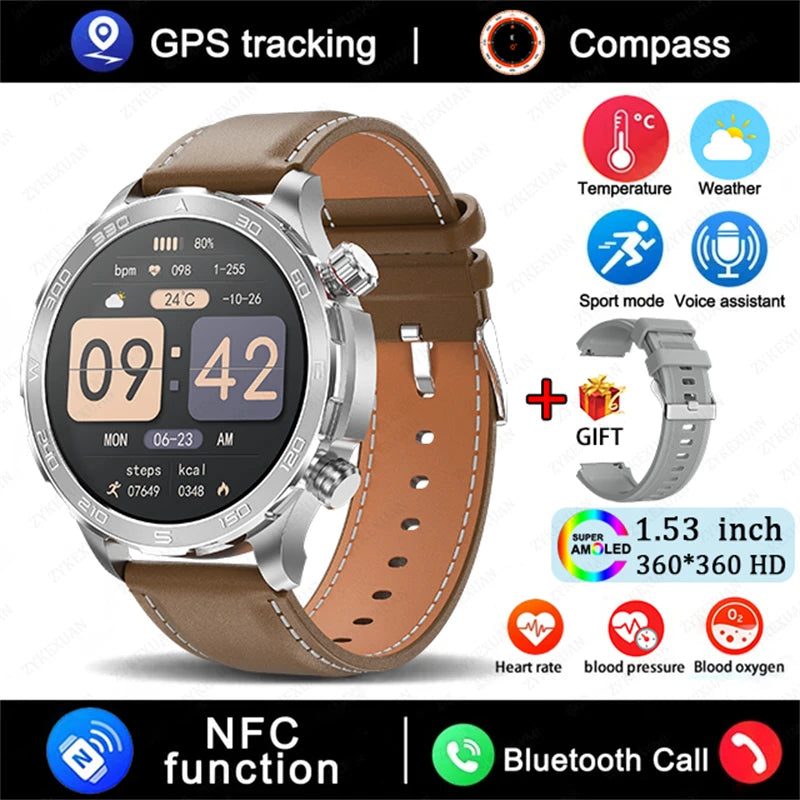 Novo relógio inteligente masculino com GPS e Bluetooth, tela AMOLED HD, frequência cardíaca, NFC, IP68, à prova d'água, esportivo, para Android e iOS, 2025