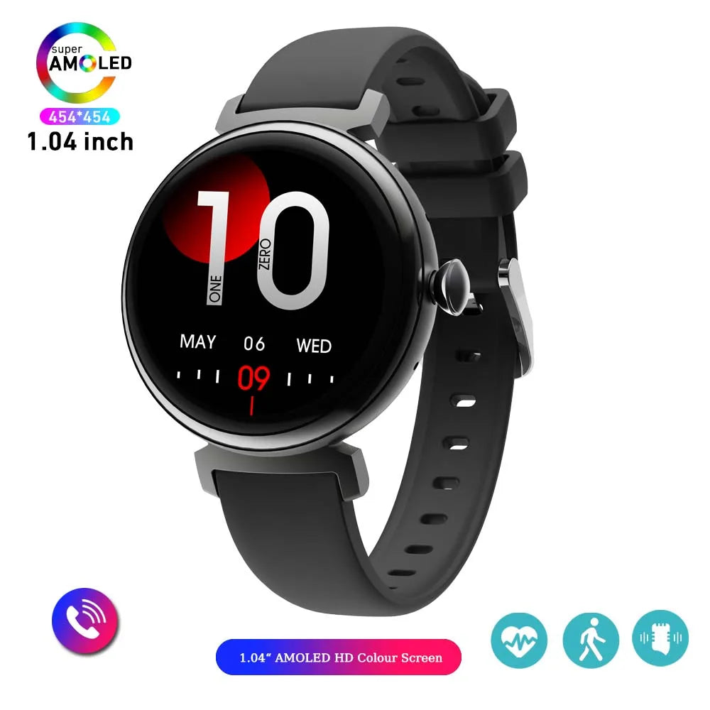 Relógio inteligente feminino moderno com tela AMOLED de 1,04 polegadas, tela sempre exibida, chamada Bluetooth, corpo de metal, tela pequena