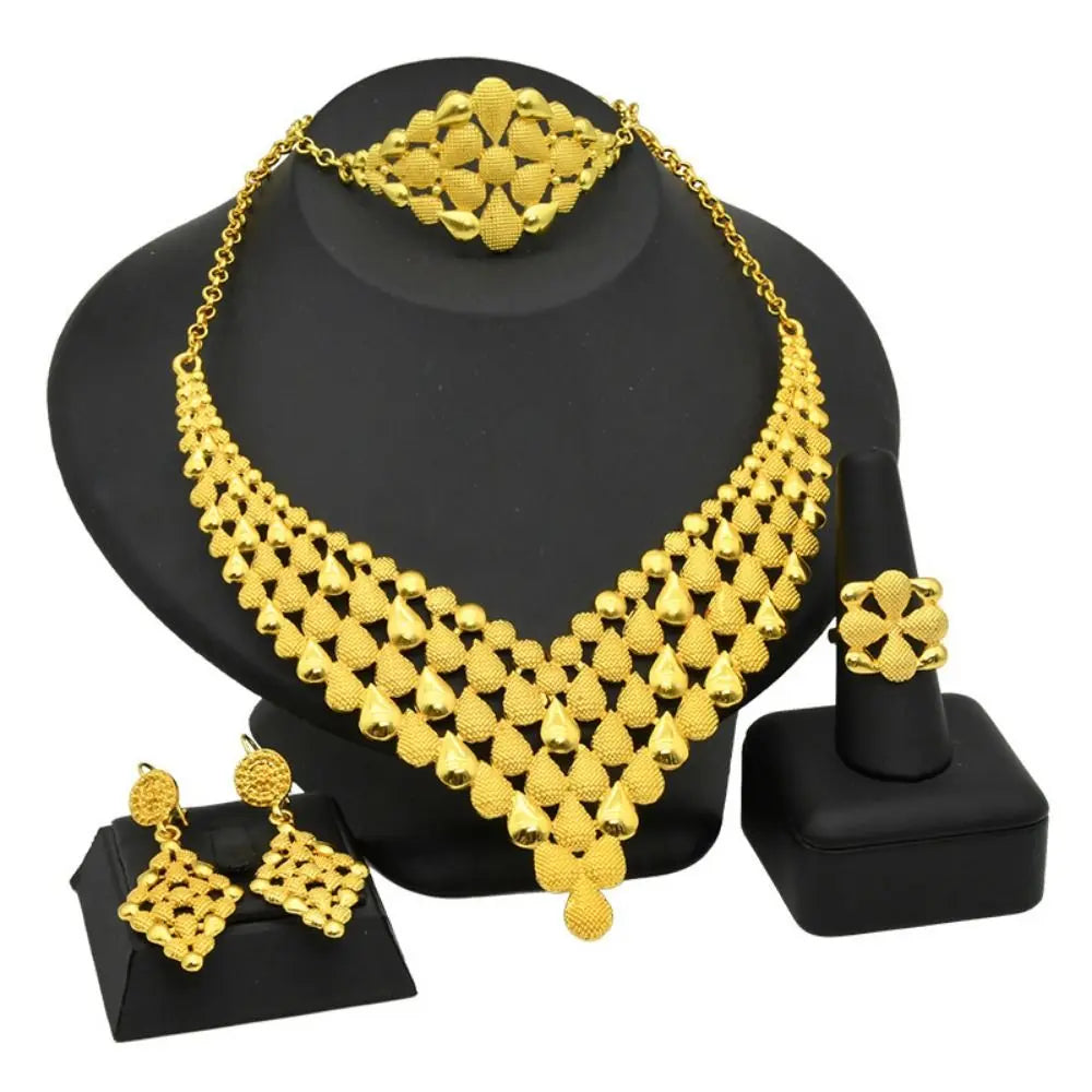 Conjunto de 4 joias indianas banhadas a ouro para noivas, colar/brincos/pulseira/anel, joias luxuosas banhadas a ouro de alta qualidade e duráveis