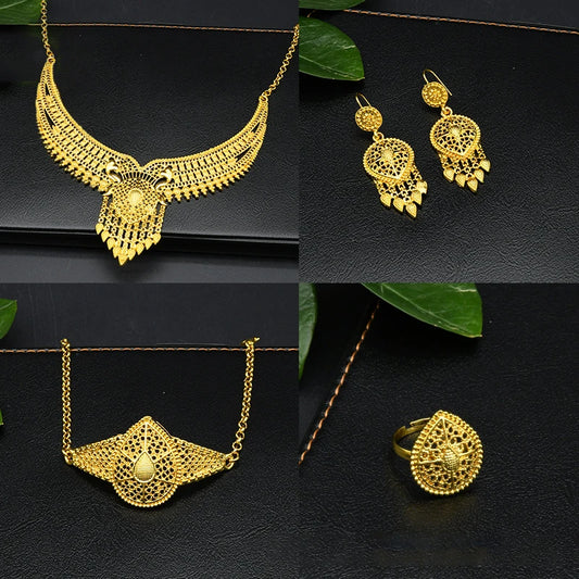 Conjunto de 4 peças banhadas a ouro para noivas, colar, brincos, anel, pulseiras, joias indianas femininas