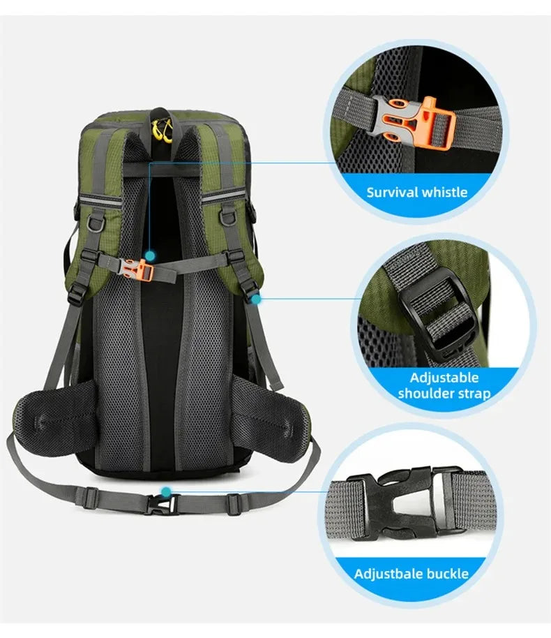 Mochila de viagem 50L para acampamento, bolsa grande para caminhada, mochila turística à prova d'água para esportes ao ar livre, escalada e montanhismo