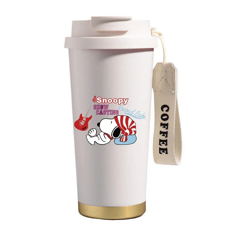 Garrafa térmica de aço inoxidável Snoopys 500ml, anime Kawaii, portátil, viagem, ar livre, carro, chá, café, caneca térmica fria