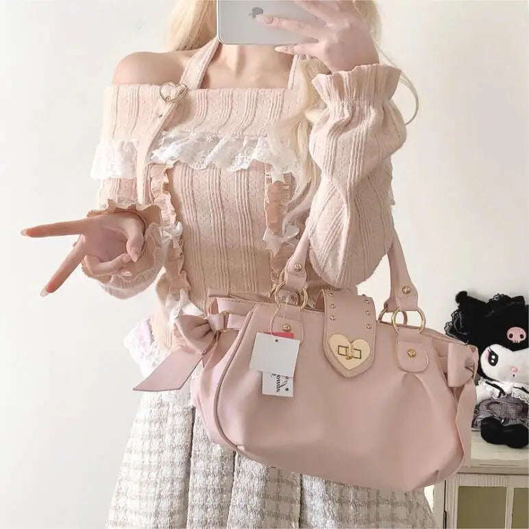 Bolsa de mão rosa com laço doce Lolita, bolsa feminina Harajuku Love Heart, bolsa transversal macia, bolsa de ombro feminina Kawaii de grande capacidade