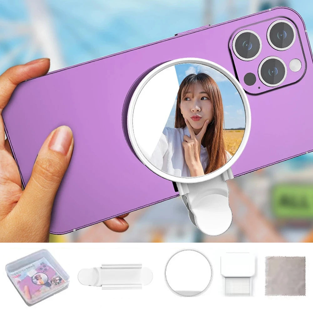 Espelho de anel universal para câmera de celular com luz traseira, refletor para selfies, luz de maquiagem com clipe e bolsa de armazenamento, reflexão HD