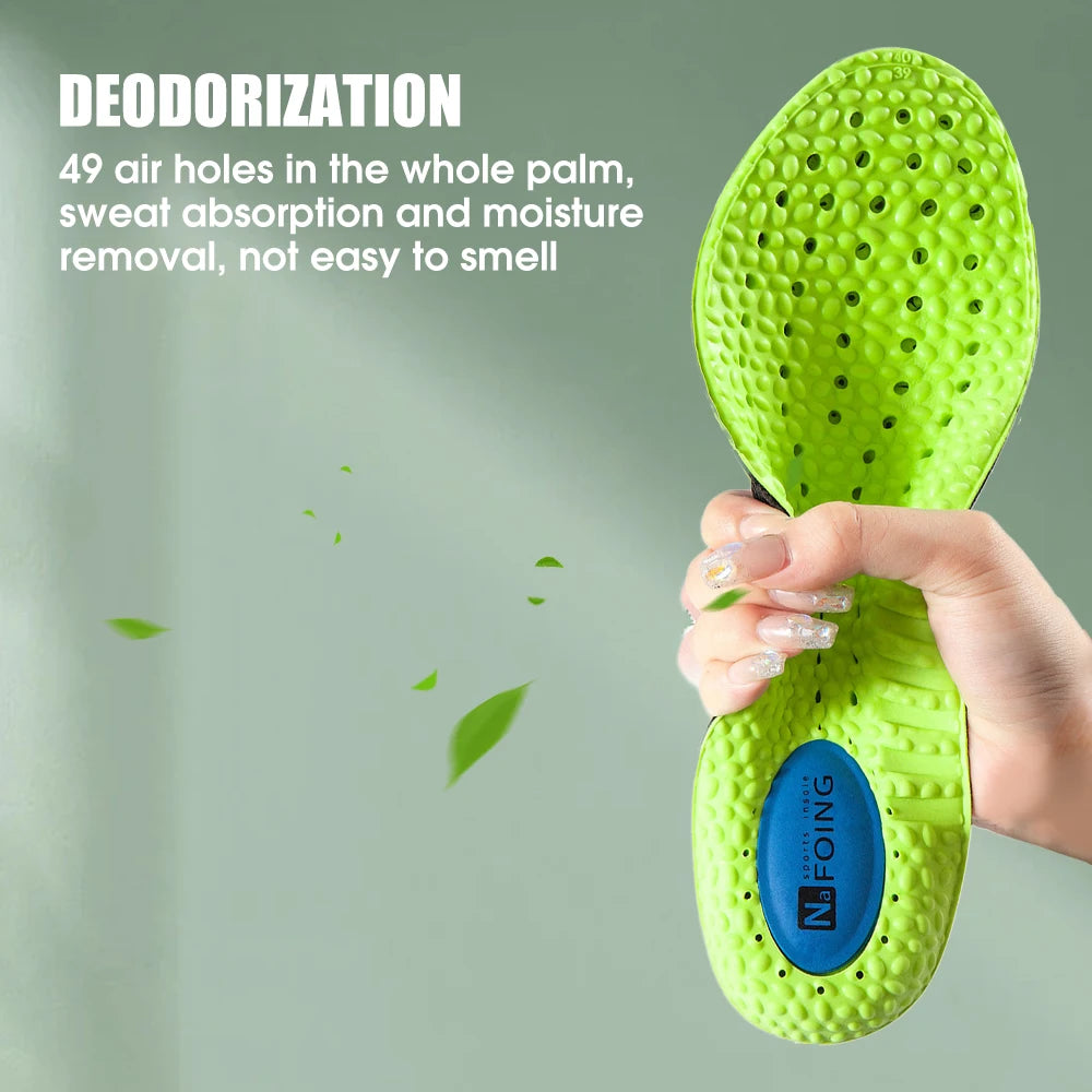 Palmilha esportiva de absorção de choque, espuma de memória de PU verde, suporte de arco respirável, almofada para calçados ortopédicos, homens e mulheres, cuidados com os pés