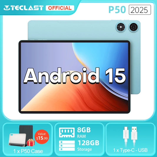 Tablet Teclast P50 2025 Android 15 Max 20GB (8+12GB) RAM 128GB ROM 11 polegadas 90Hz Display T606 Octa-Core 7000mAh 4G LTE GPS Tipo-C
