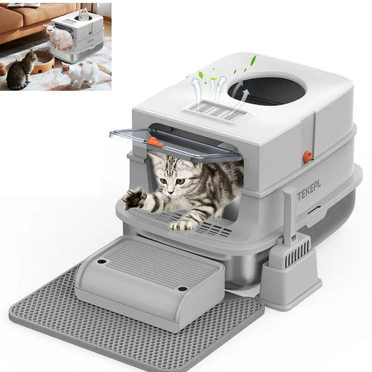 Caixa de areia para gatos de aço inoxidável com tampa, caixa de areia de metal extra grande para gatos grandes, com laterais altas e pá, fácil de limpar