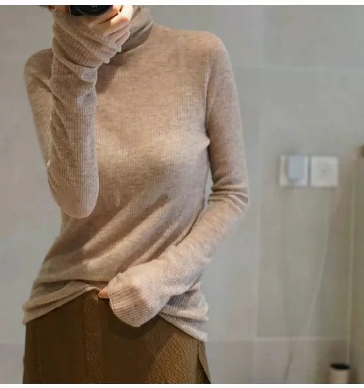 Novo suéter de caxemira feminino outono/inverno 2023, gola alta, suéter ultrafino de lã com pelo