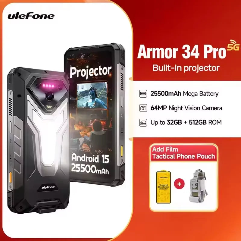 Ulefone Armor 34 Pro 5G, telefone robusto com IA, 32 GB + 512 GB, 25.500 mAh, 6,95" com projetor integrado, 120 Hz, Android 15, MTK 7300, NFC