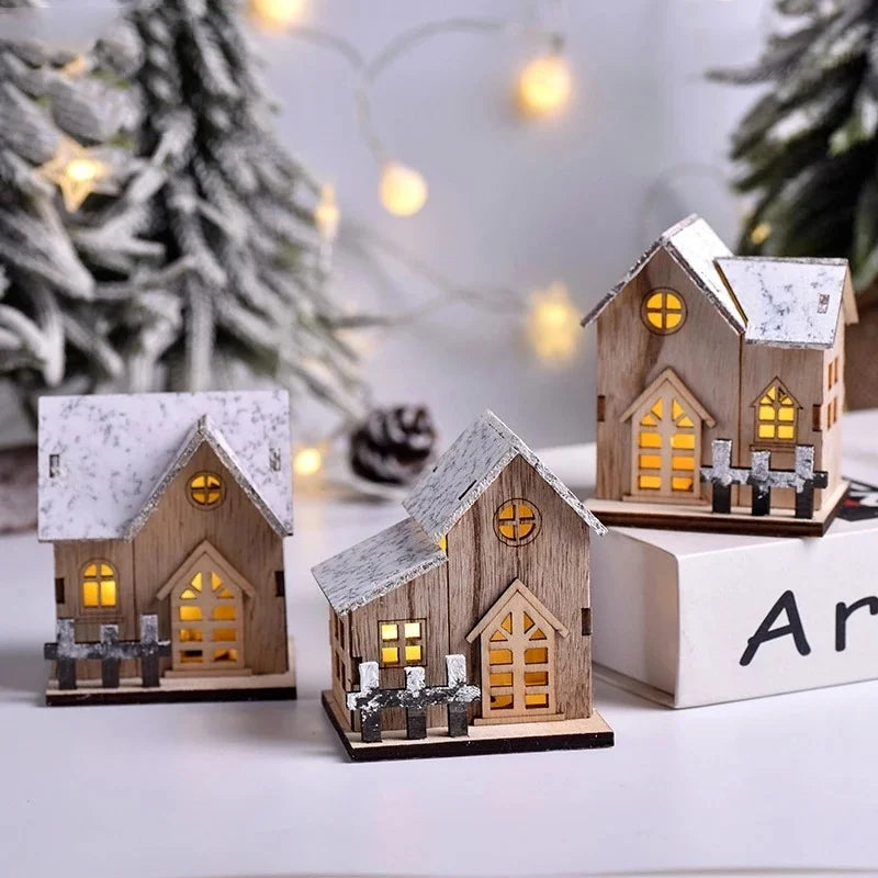 Cabana de madeira com luzes LED, enfeites de Natal, decorações de Natal para a família, cabana de Natal, presentes para crianças