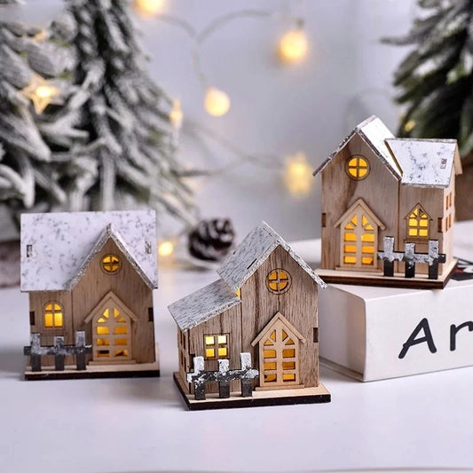 Cabana de madeira com luzes LED, enfeites de Natal, decorações de Natal para a família, cabana de Natal, presentes para crianças