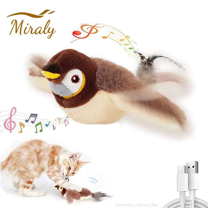 Brinquedos interativos para gatos, brinquedo de pelúcia recarregável para gatos, pássaro voador que canta e bate as asas (sem voar), pode adicionar catnip e brinquedo de pelúcia ativado por toque